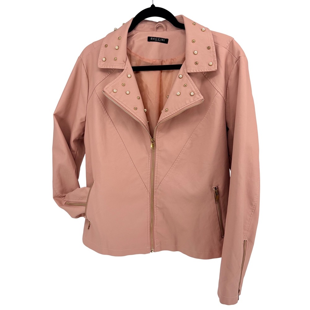 Baccini Moto Jacket XL Pink Faux Leather Pearl Studded Asymmetrical Zip Biker